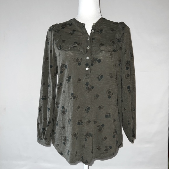 Lucky Brand Blouse with Ruffles Across the Chest- Dark Green, Size Medium - Picture 1 of 9